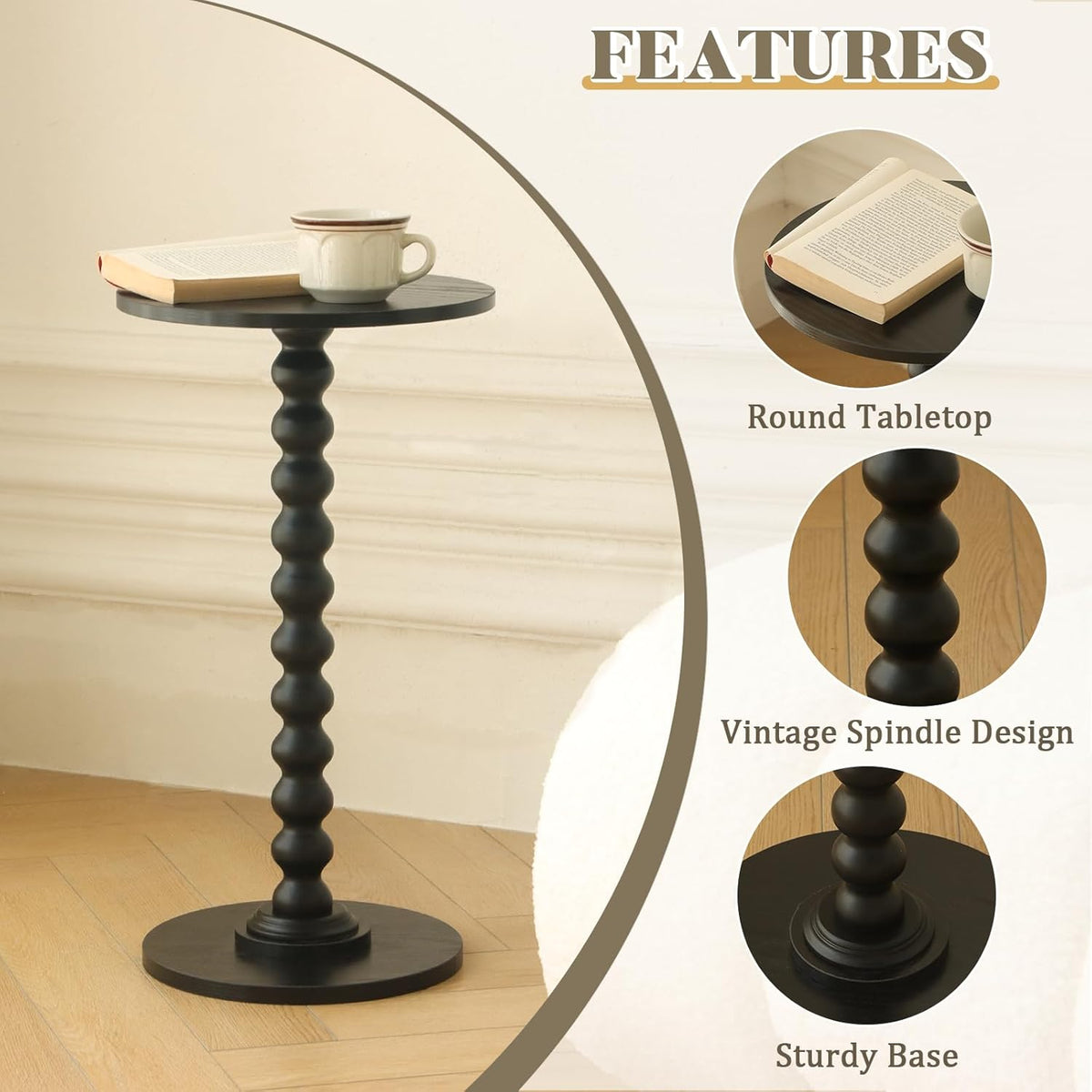 Round Side Table, Small Drink Table for Small Spaces, Modern Accent End Table Nightstand with Solid Wood Leg for Living Room, Bedroom, Corners, and Office (Black)
