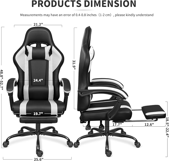 Gaming Chair with Footrest and Massage Lumbar Support, Height Adjustable Game Chair, Video Gaming Chair for Gaming Room, Living Room and Office - Black/White