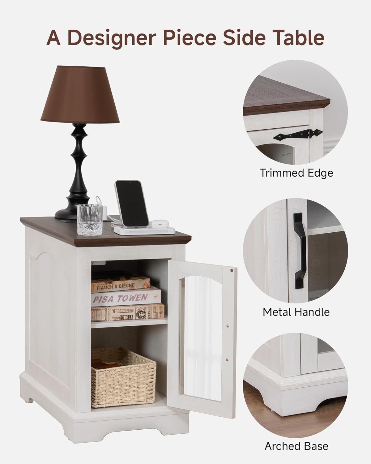Narrow Side Table with Charging Station,13.8" W End Table with Storage for Sofa Couch or Bed Side with Outlets & USB Ports, Farmhouse Nightstand for Bedroom Livingroom (Glass,White & Walnut)