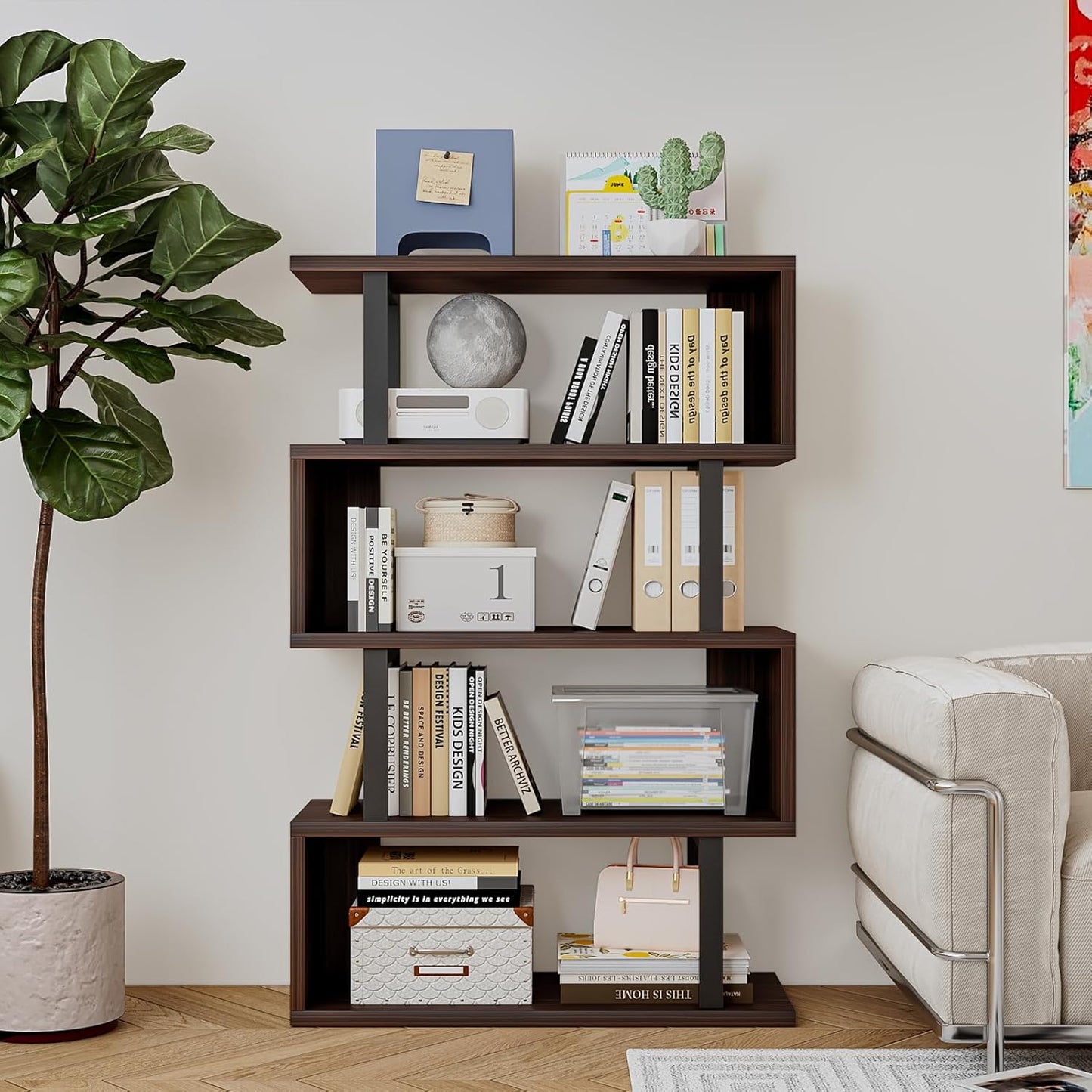 SORCEDAS Bookshelf Geometric Bookcase S Shaped Industrial Bookshelf Storage Display Stand Shelf for Living Room Bedroom and Office Room (Black, 4 Tier)