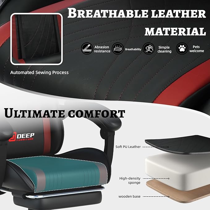 Ergonomic Gaming Chair with Footrest and Lumbar Massage, Racing Office Chair, High Back Computer Desk Chair with Headrest Pillow for Adults, Video Game Chair for PC Gamer (1001-Red)