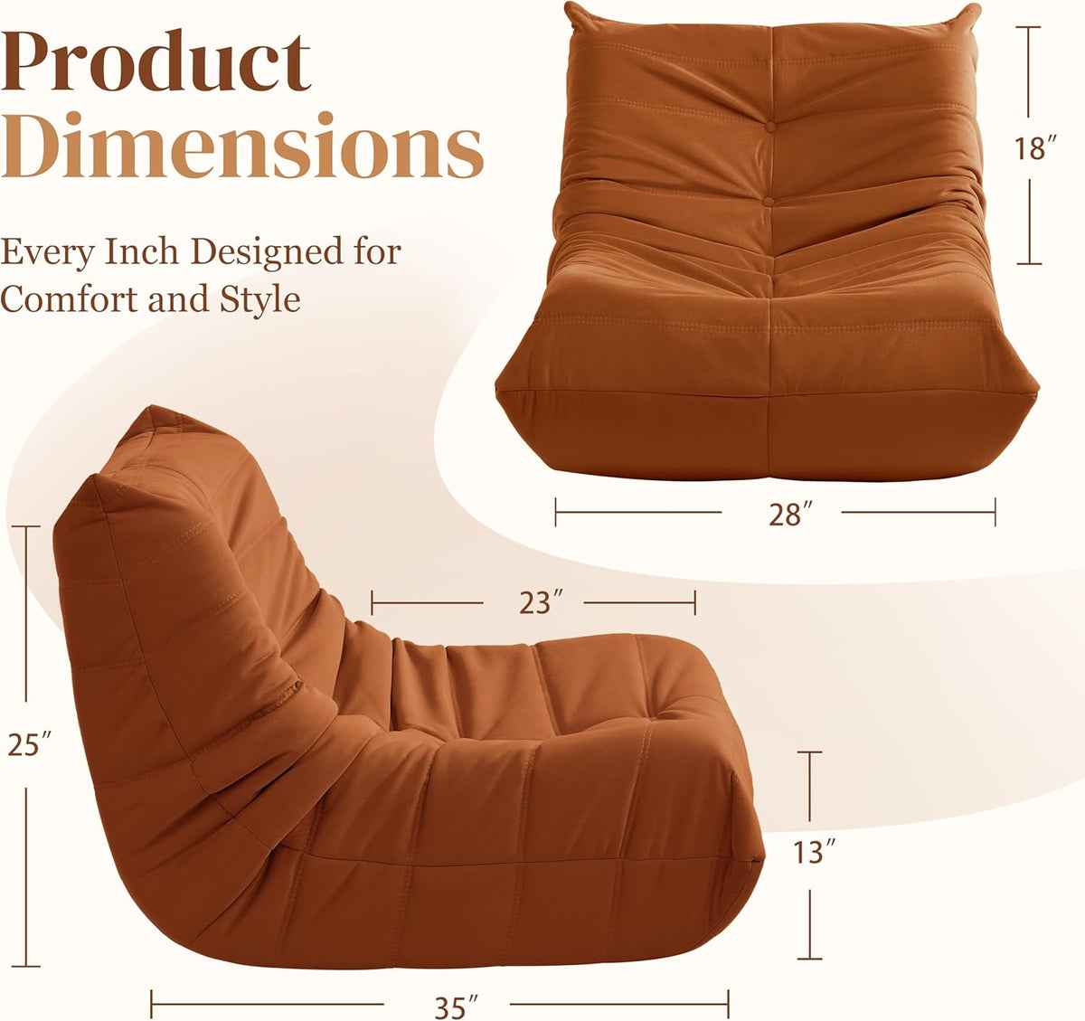 Bean Bag Chair, Fireside Chair Bean Bag Sofa for Adults, Bean Bag Chairs for Teens with High-Resilience Foam, Memory Foam & Non-Slip Base Bean Bag for Living Room, Bedroom, Office (Suede,Burnt Orange)