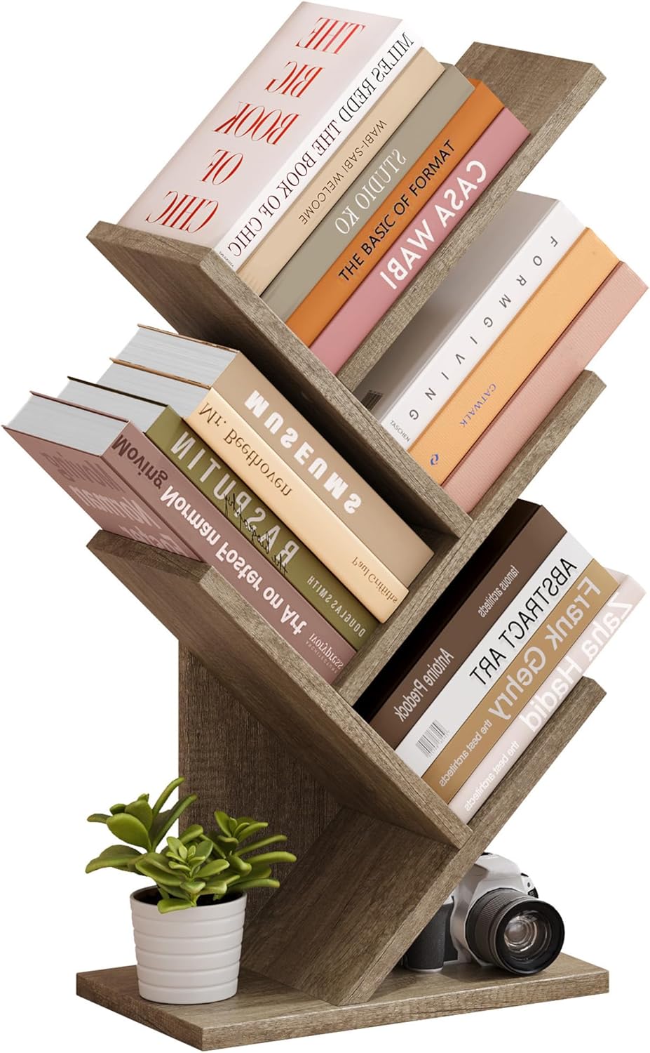 Hoctieon 4 Tier Tree Bookshelf, 4 Shelf Bookcase, Modern Book Storage, Free Standing Tree Bookcase, Utility Organizer Shelves for Home Office, Living Room, Bedroom, Greige