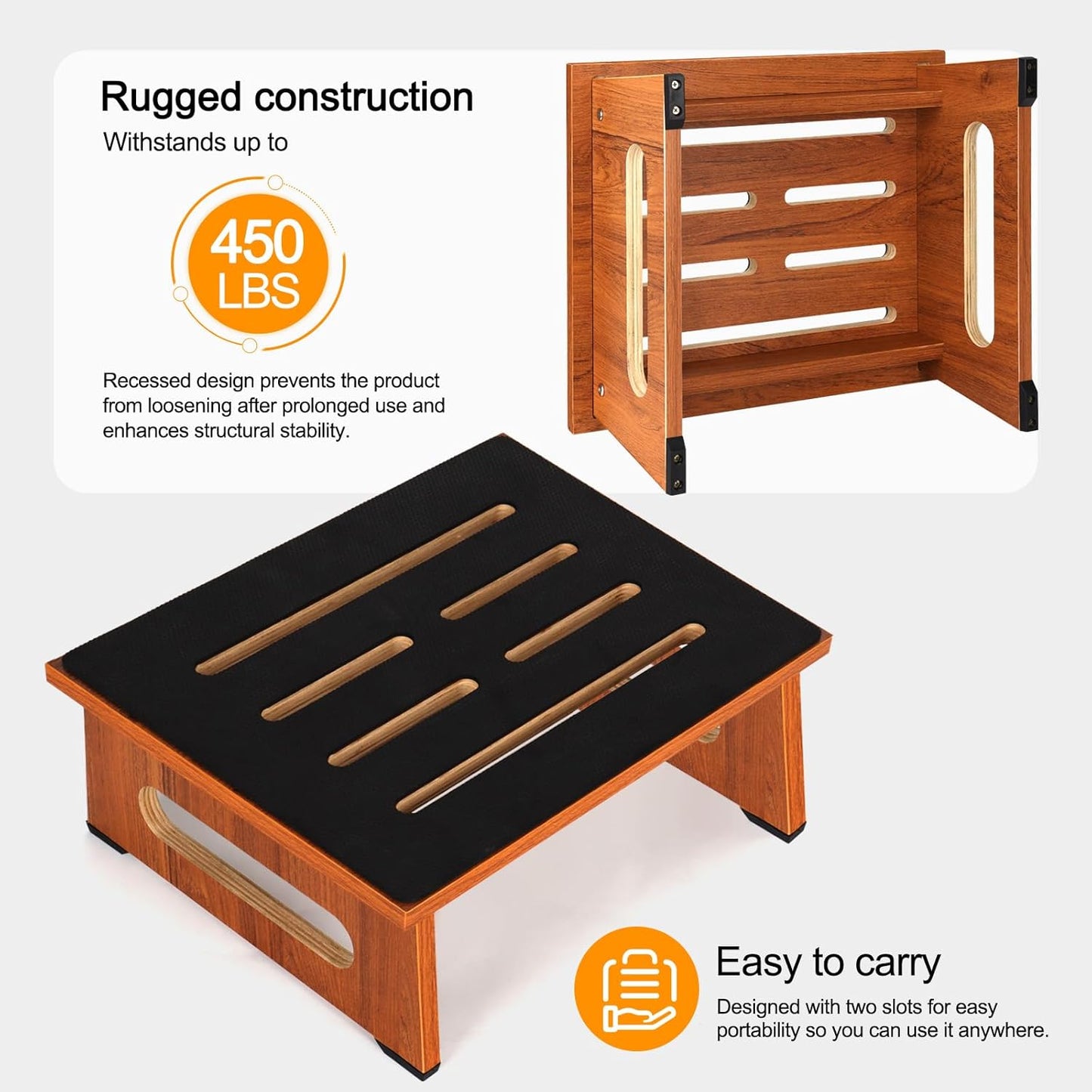 Wooden Step Stool with Non-Slip Rubber Feet Step, Heavy Duty Platform Stepping Stools with 450 LBS Capacity for Bedroom Kitchen Bathroom, Bed Steps for High Beds, Bedside Support