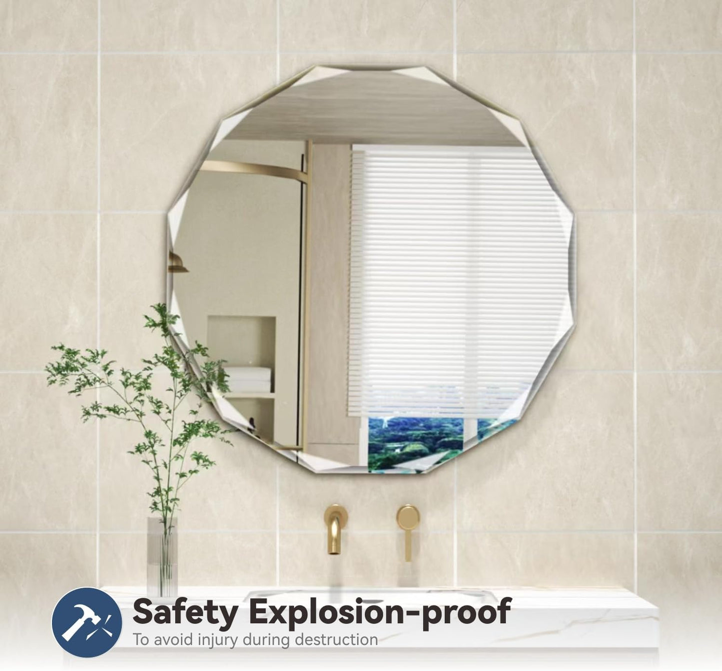 Single Beveled Edge Circle Mirror Frameless Wall Mount Bathroom Vanity Mirror, 24”