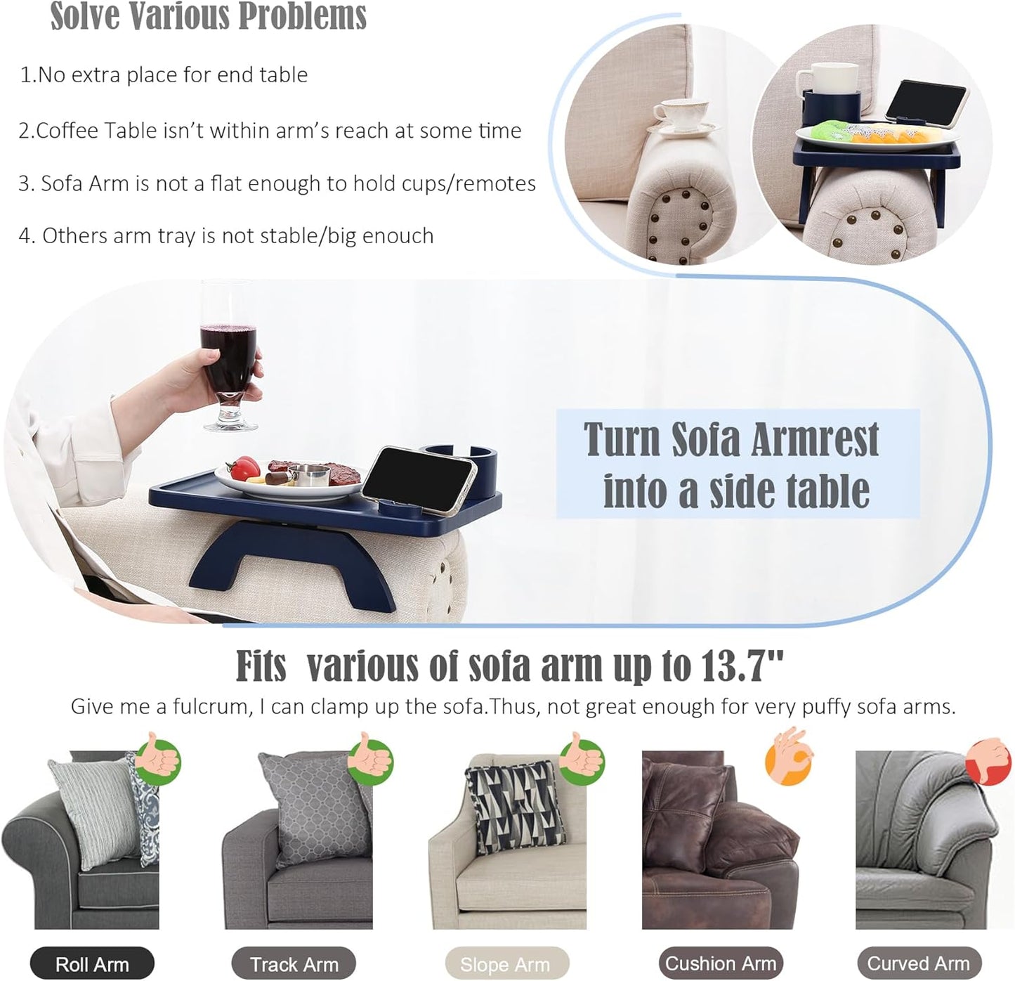 Nnewvante Couch Cup Holder,3 in 1 Large 15.36""x9.85"" Bamboo Sofa Arm Clip on Tray Table with 360°Rotated Phone/Drink Holer, Navy Blue, CAT39252