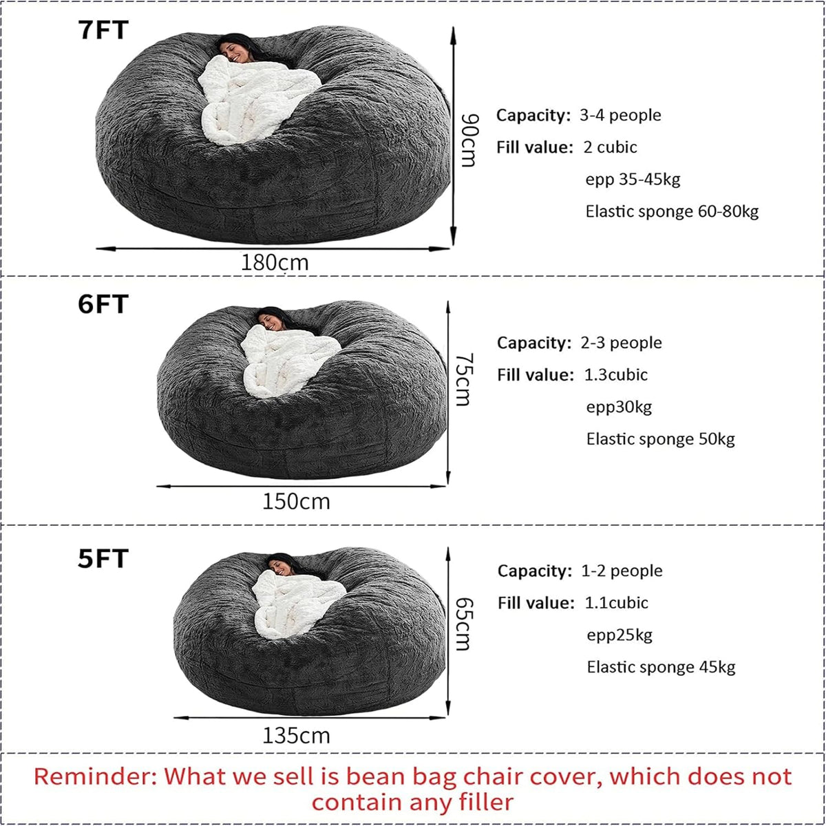 Bean Bag Chair for Adults Kids Without Filling Comfy Fluffy Giant Round Beanbag Lazy Sofa Cover for Reading Chair Floor Chair, 7FT, Grey