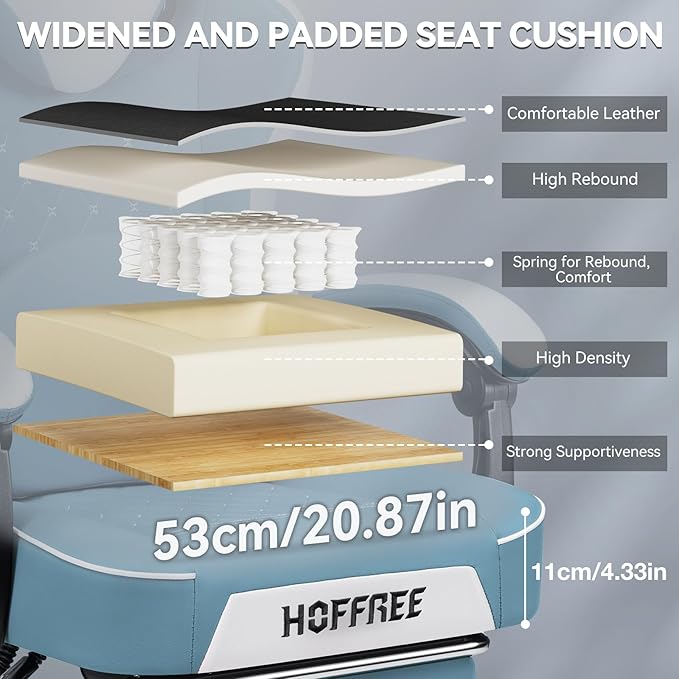 HOFFREE Gaming Chair with Speakers Massage Computer Gaming Chair with Pocket Spring Cushion for Adults Reclining Gamer Chair with Bluetooth Video Game Chairs with Footrest Stone Blue and White