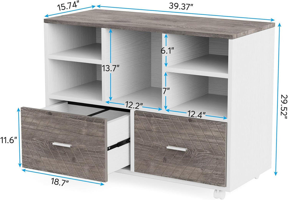 Tribesigns 2-Drawer Wood File Cabinet, Mobile Lateral Filing Cabinet for Hanging Letter Size Files, Printer Stand with Open Storage Shelves for Home Office (Grey & White)
