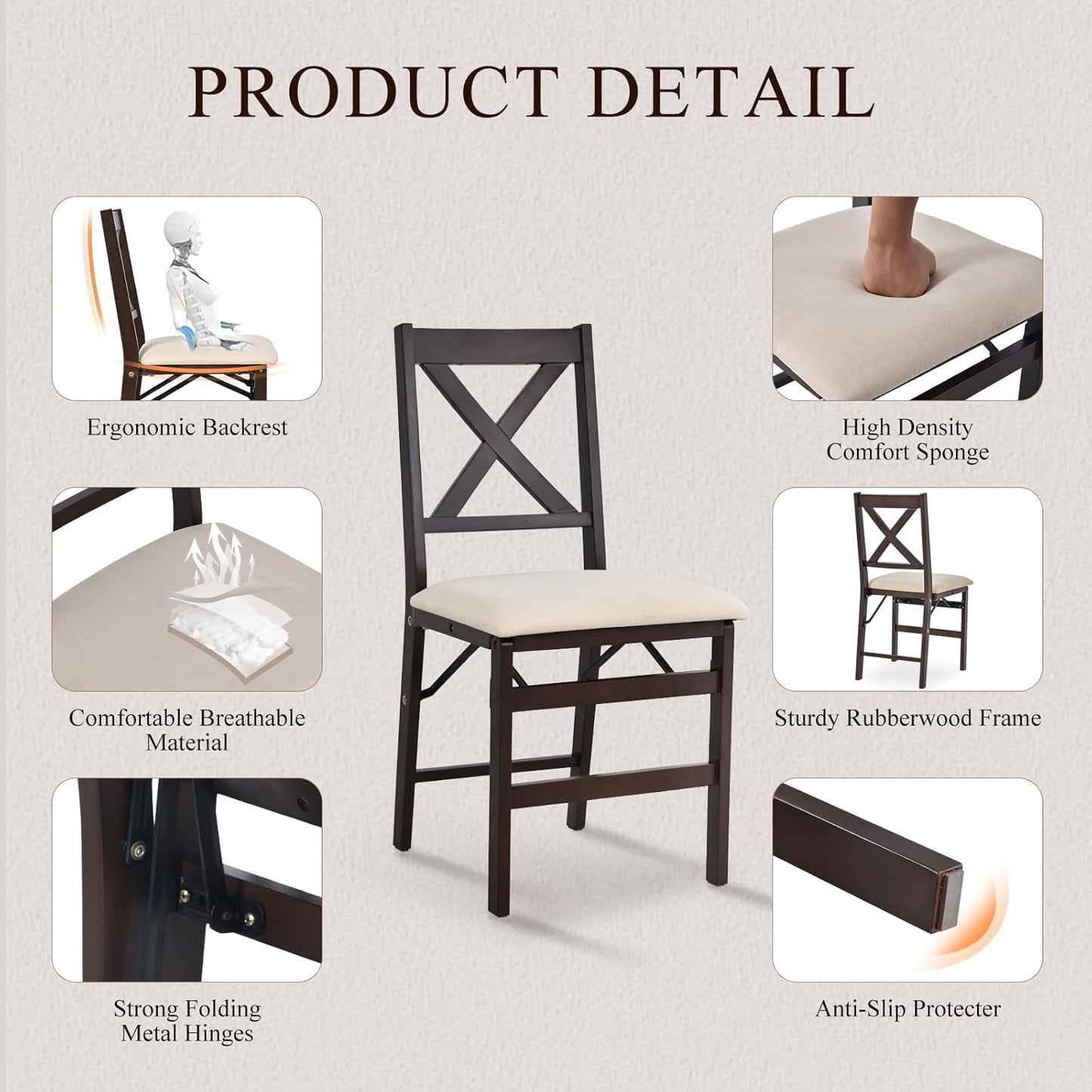 COLAMY Folding Dining Chairs Set of 2 – Beige Upholstered Wooden Dining Room Chairs for Kitchen & Small Spaces, Mid Century Modern Design, Space-Saving, No Assembly Required