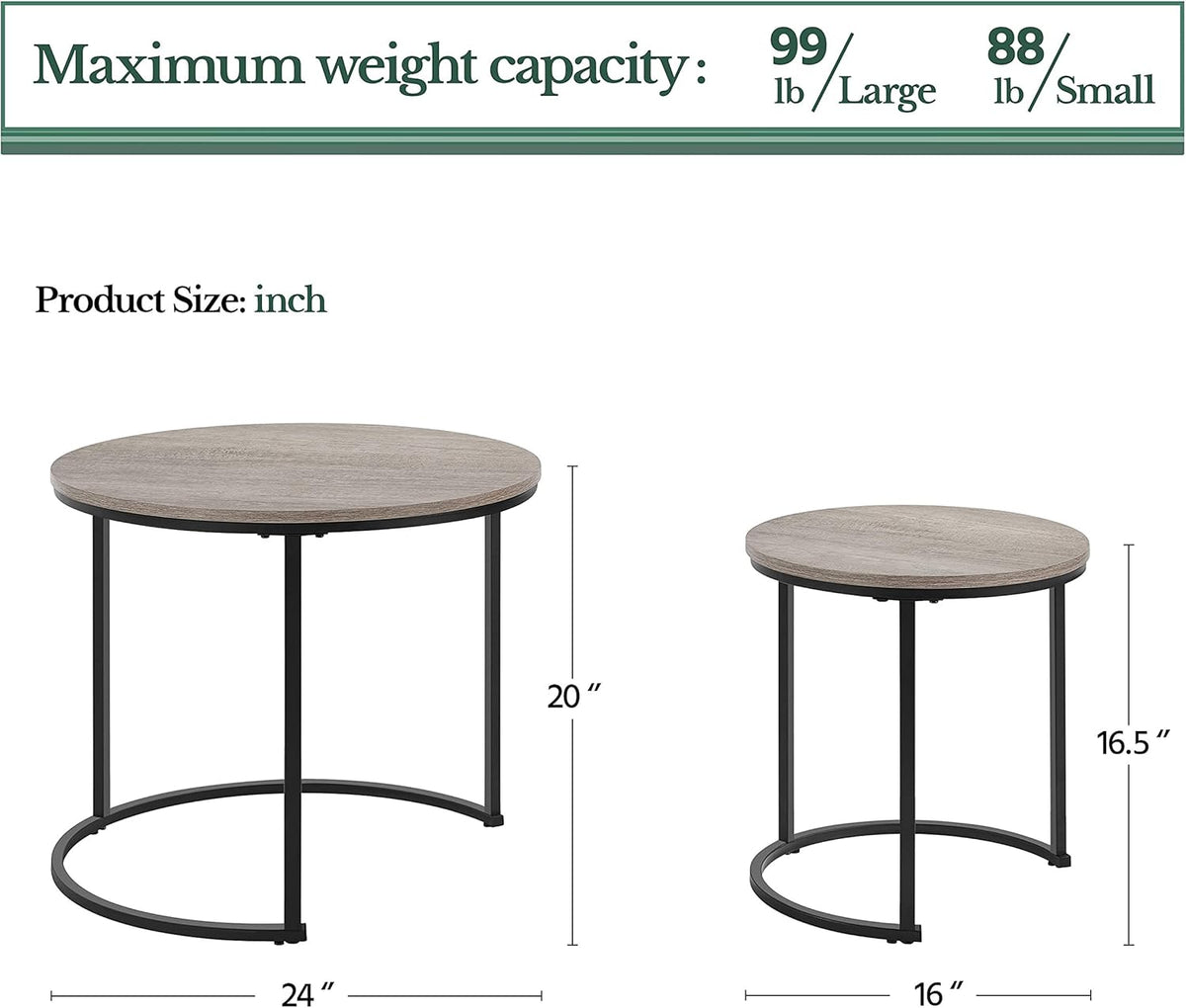 Yaheetech Nesting Coffee Table Set of 2, Nesting Table, Rustic Stacking Side Tables, Nesting End Table Set w/Round Wooden Tabletop and Sturdy Metal Base for Living Room,Small Space, Gray