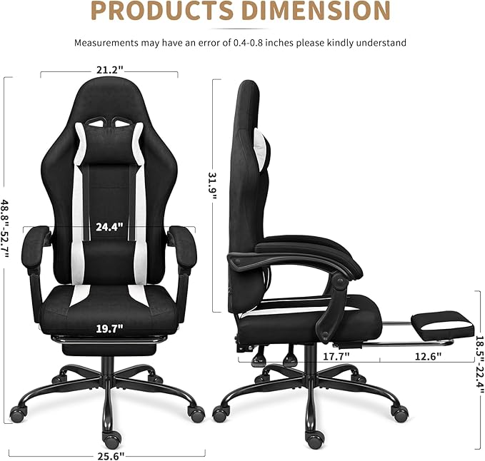 Breathable Fabric Gaming Chair with Footrest, Height Adjustable Game Chair, Video Gaming Chair for Gaming Room, Living Room and Office - Black/White