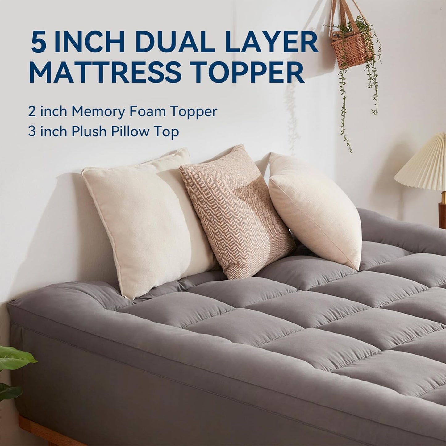 BDEUS Dual Layer 5 Inch Memory Foam Mattress Topper California King Size, 2 Inch Gel Memory Foam Plus 3 Inch 1450 GSM Down Alternative Quilted Pillow Top Mattress Pad Cover,Dark Gray