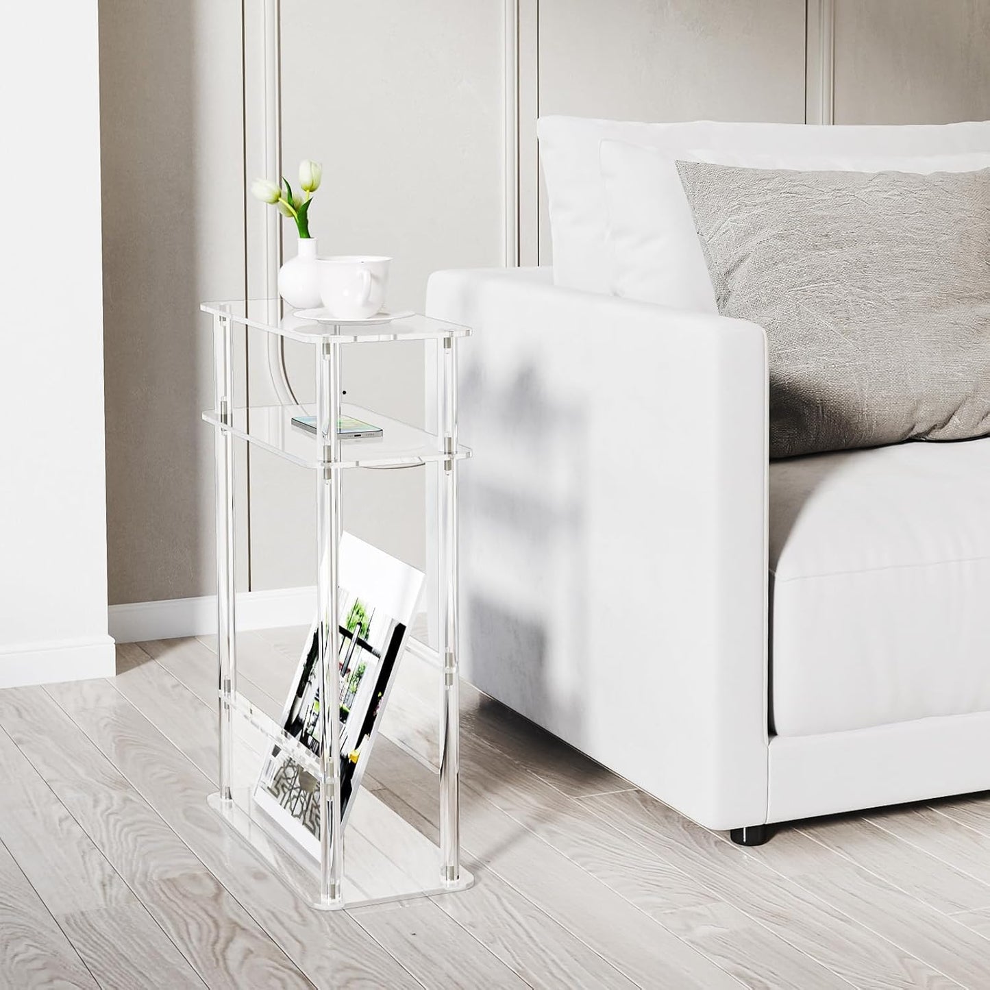 HMYHUM Acrylic Narrow End Table for Small Spaces with Magazine Holder, Slim Side Small Nightstand/Bedside Table for Living Room, Bedroom, 3 Tier, 15.7" L x 7" W x 23" H, Clear