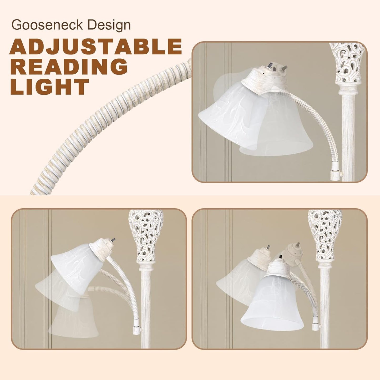 Torchiere Floor Lamp with Adjustable Reading Light, 72" Tall Vintage Lamp with White Glass Shade, Farmhouse Standing Lamp, Rustic LED Floor Lamp for Living Room Bedroom Office Corner, Bulbs Included