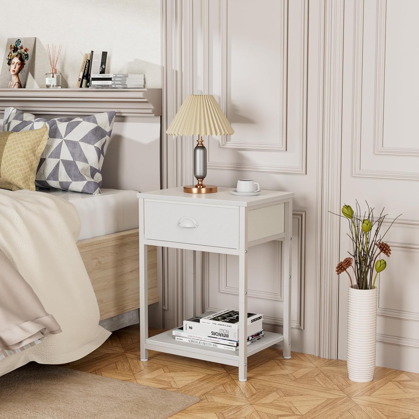 Furologee White Nightstand with Fabric Drawer, Small Side Table for Small Spaces, 2 Tiers Storage Shelves End Table, Night Stand for Living Room, Bedroom, Dorm