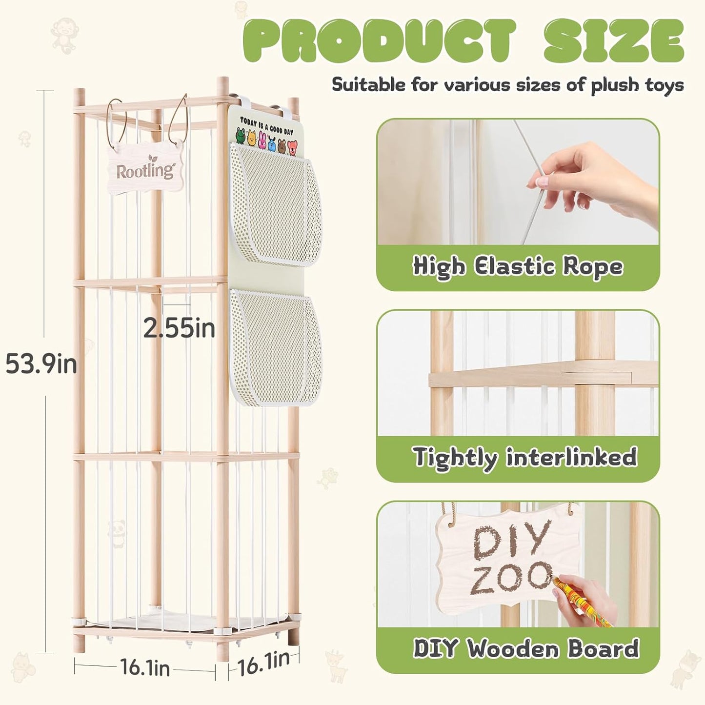 Stuffed Animal Storage & Organizer, 54 inch Tall Wooden Cute Zoo Toy Holder w/Building Block Storage Bag, Premium Wooden Material with Elastic Cord For Toddler Rooms, Playrooms & Bedrooms