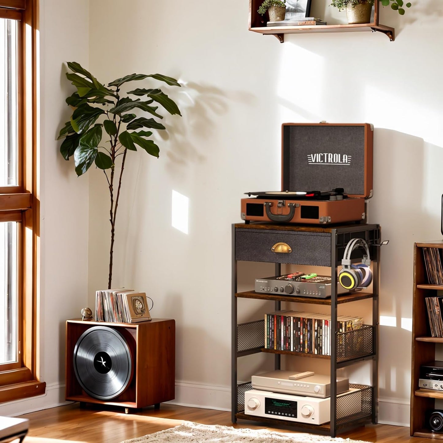 4-Tier AV Media Stand with Drawer, Video Game Console Shelf with 2 Hooks, Audio Rack Tower Perfect for/Xbox/ PS5/Switch/Game Consoles/DVD/Record Player/Projector/Sky Box/TV Accessories
