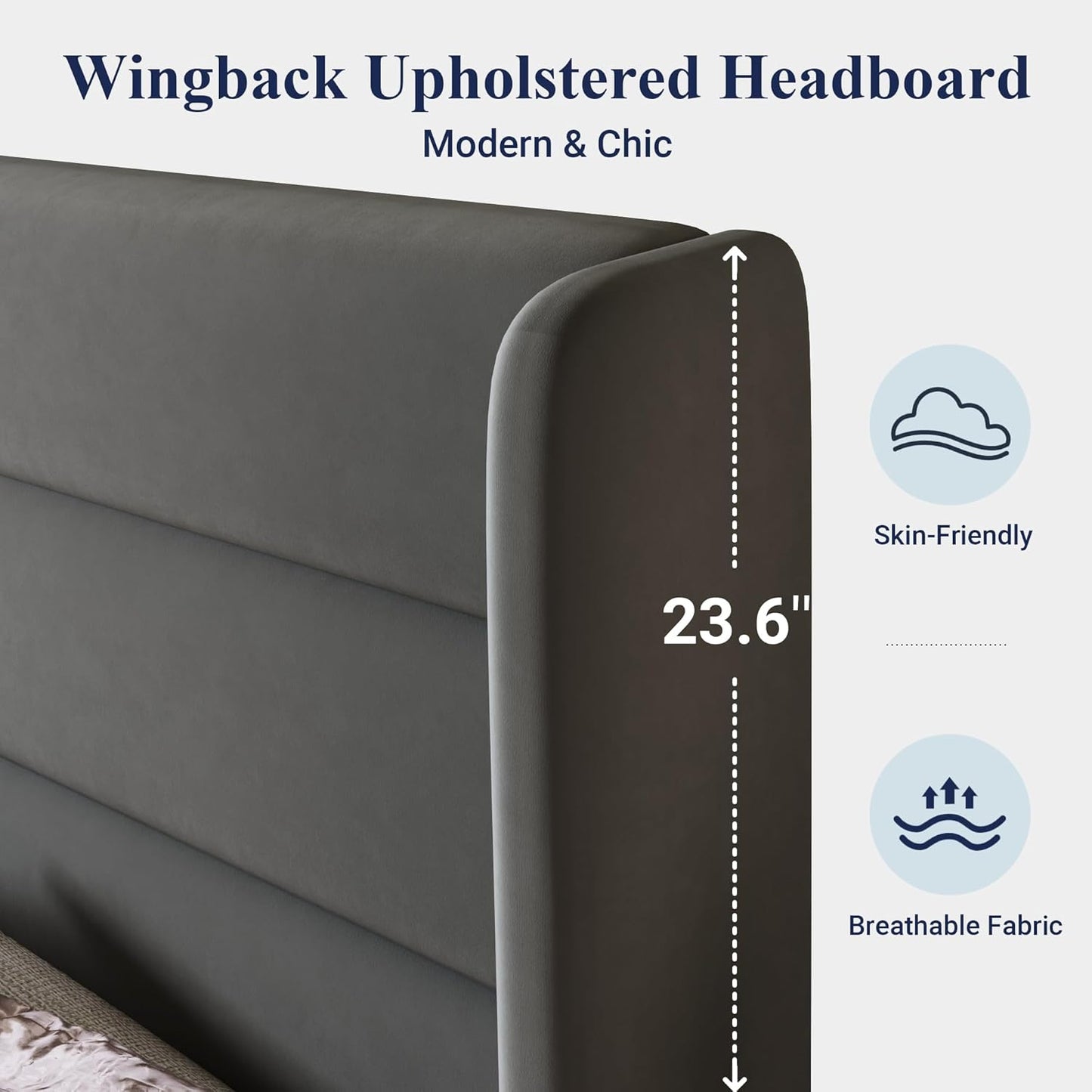 Allewie Full Size Platform Bed Frame with Velvet Upholstered Wingback Headboard, No Box Spring Needed, Under Bed Storage Space, Strong Wooden Slats, Modern Mattress Foundation, Easy Assembly, Grey