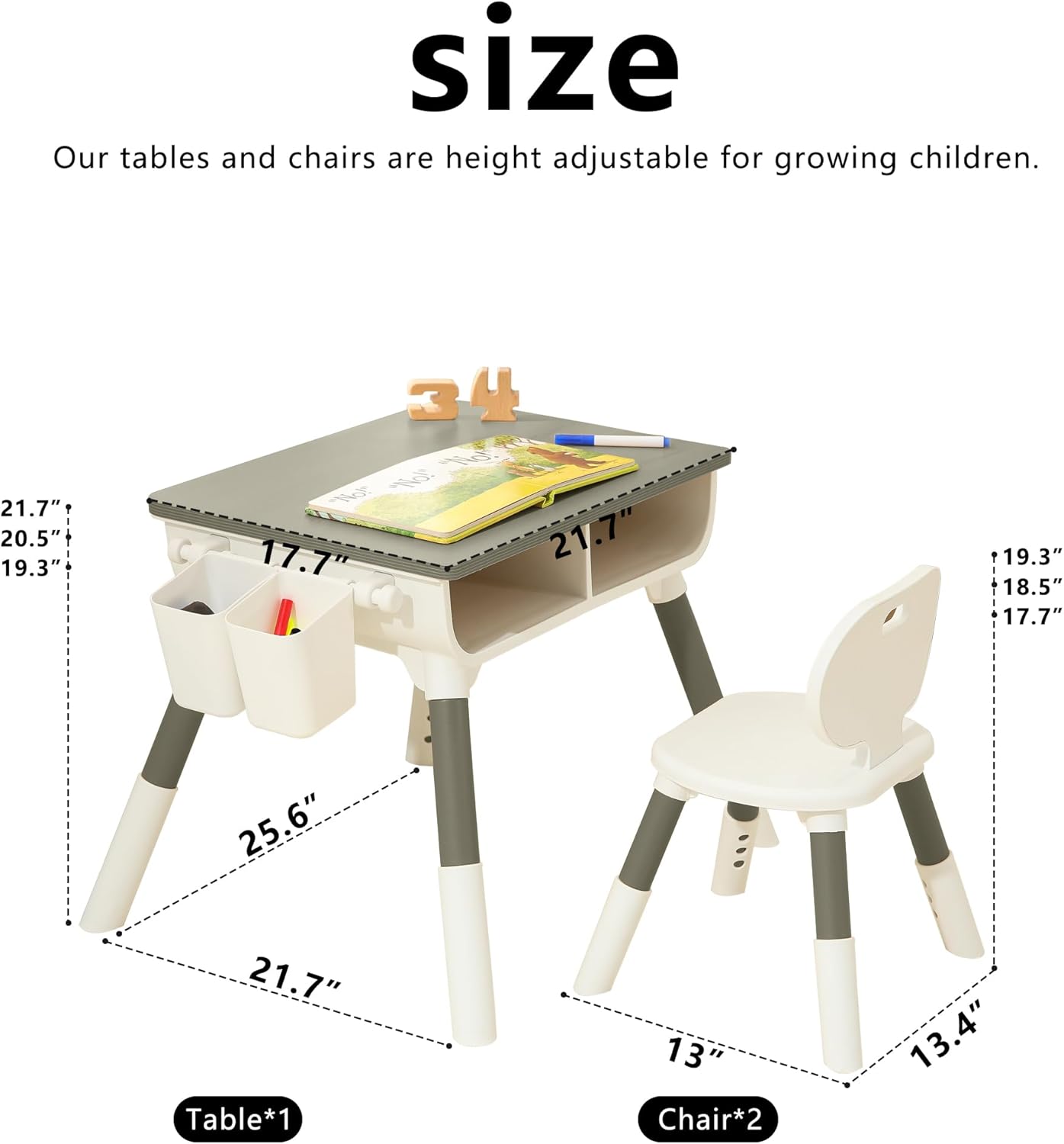 Kids Study Desk and Chair set Height Adjustable Graffiti Desktop Storage Drawer Storage Basket non Slip Legs Suitable for Max Weight of 220 Pounds Suitable for Children Aged 2-10(Dark grey 2Chair)