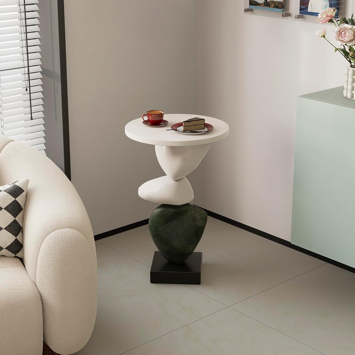 Luxury Coffee Table, Marble Style Side Table with Stacked Pebbles Design, Morden Style Oval Stone End Table for Living Room, Bedroon and Office