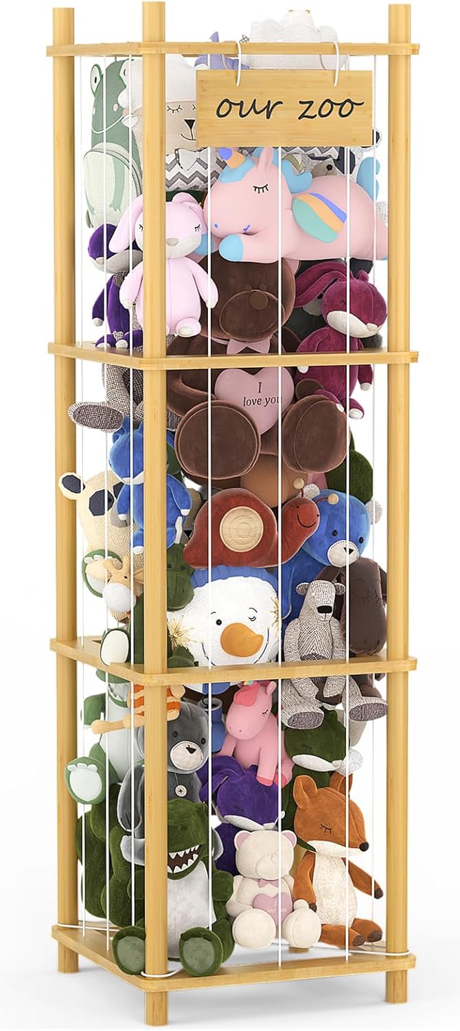 Bamboo Stuffed Animal Storage Zoo, Large Capacity Plush Toy Cage, Wood Stuffed Animals Holder for Toddler Room, Playroom, Bedroom
