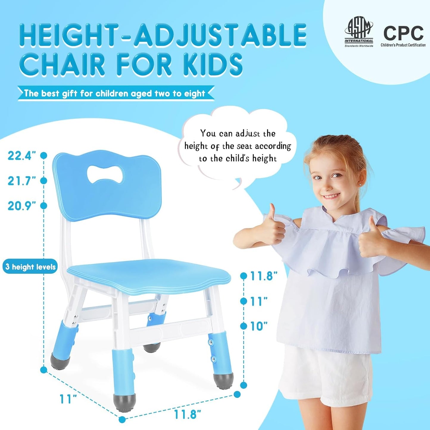 Kids Adjustable Chair with 3 Height Levels Toddler for Desk and Play Indoor Outdoor Activities