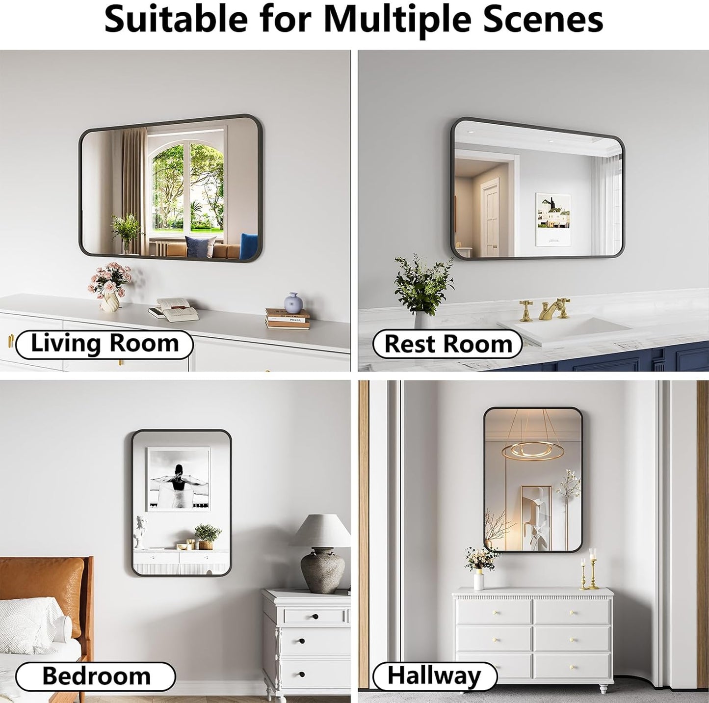 Bathroom Mirror, 26X38 Inch Black Metal Framed Mirror for Bathroom, Tempered Glass, Anti-Rust, Rounded Rectangle Mirror for Restroom, Bedroom, Black