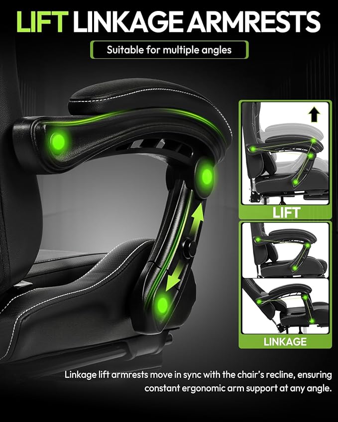 Dowinx Ergonomic Gaming Chair with Footrest & Massage Lumbar, 2D-Linkage Armrests for Computer Chair 330lbs with Headrest Pillow for Office, Home, Streaming and Long Gaming Sessions, Black