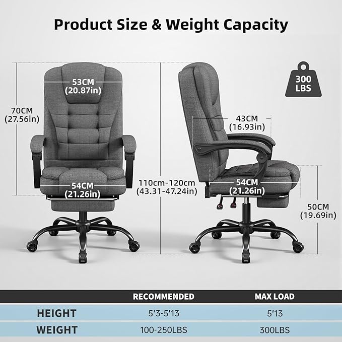 Office Chair, Ergonomic Fabric Gaming Chair for Adults, Comfy Reclining Computer Chair with Foot Rest, Adjustable Swivel Desk Chair, Executive Gamer Chair, Comfortable Silla Oficina for Home & Game