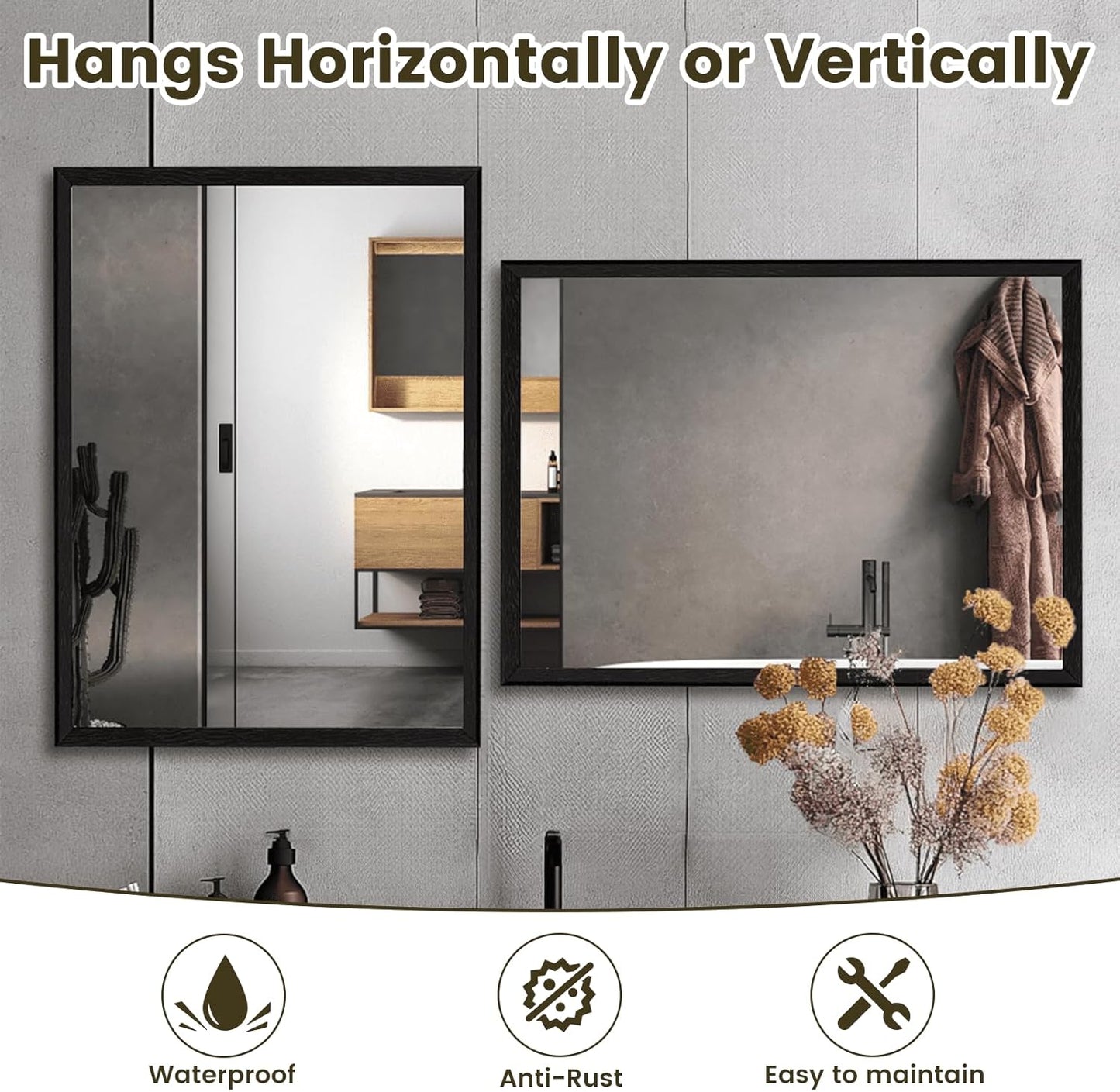 WEER Black Framed Mirror, 40X36 Inch Matte Black Wall Mirror for Bathroom, Rectangular Black Bathroom Vanity Mirror, Tempered Glass, Anti-Rust, Hangs Horizontal or Vertical