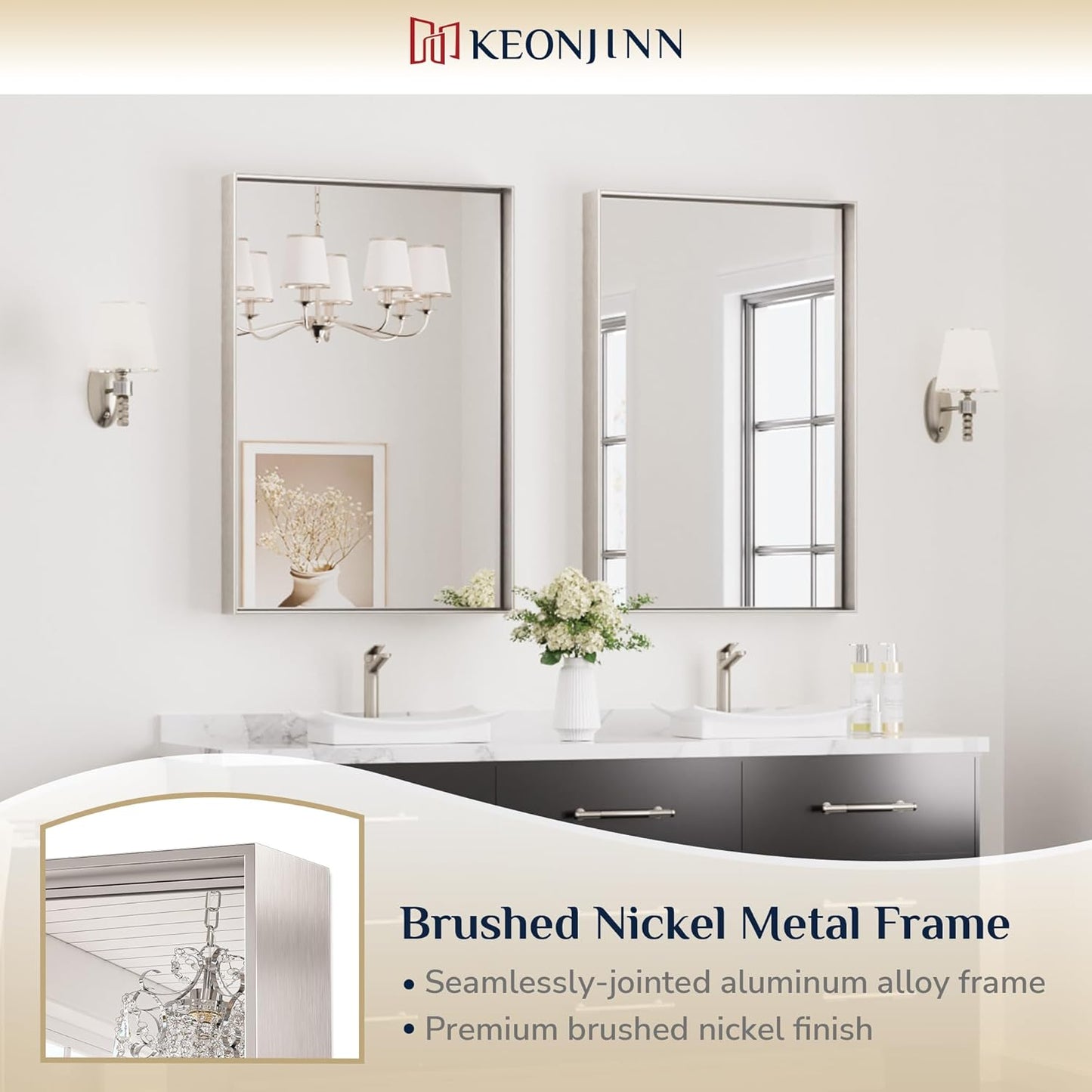 Keonjinn 24 x 36 In Brushed Nickel Bathroom Mirror, Rectangular Metal Framed Wall Vanity Mirror for Over Sink Square Corner Aluminum Alloy Modern Farmhouse Rectangle Silver Mirror(Horizontal/Vertical)