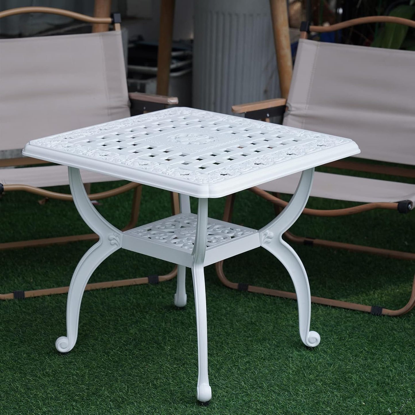 JARDIN DE CENTENNIAL Cast Aluminum Outdoor Side Table,Anti-Rust Outdoor End Table,Patio Coffee Bistro Table for Indoor,Garden,Porch,Balcony(Square White)