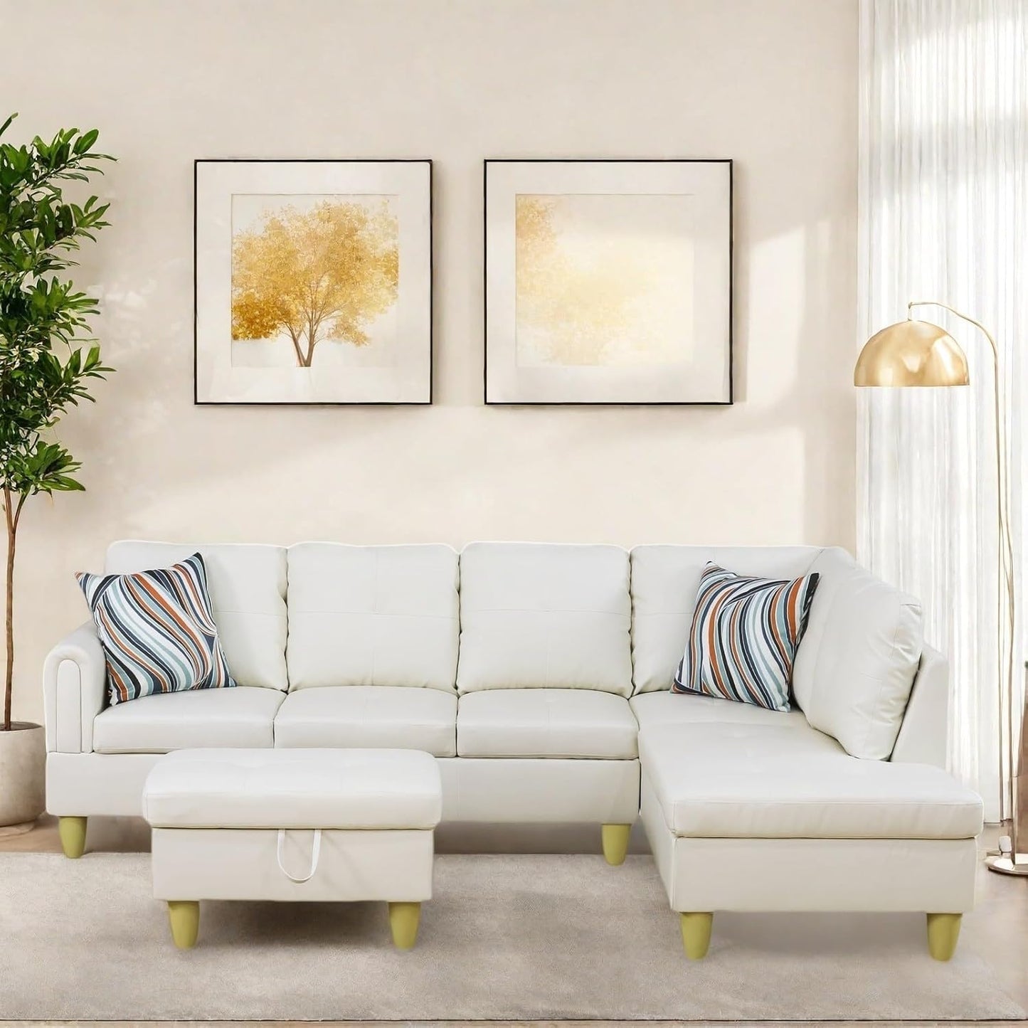 Sectional Couch with Ottoman Storage, L Shaped Sofa Furniture Sets, Modern Modular Comfy Sofa for Living Room Bedroom, White