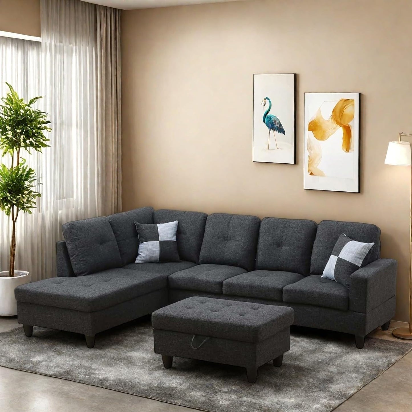 Sectional Couch with Ottoman Storage, L Shaped Sofa Furniture Sets, Modern Modular Couch Comfy Sofa for Living Room Bedroom, Dark Gray