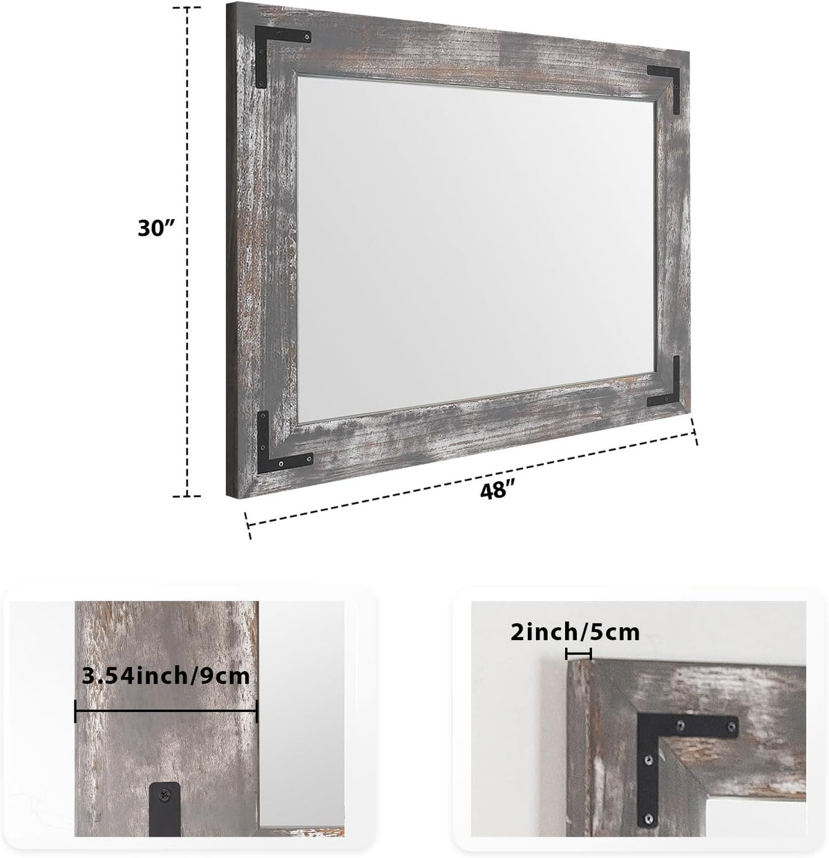 YOSHOOT Rustic Wooden Framed Wall Mirror, 48"x30", Natural Wood Bathroom Vanity Mirror for Farmhouse Decor, Vertical or Horizontal Hanging