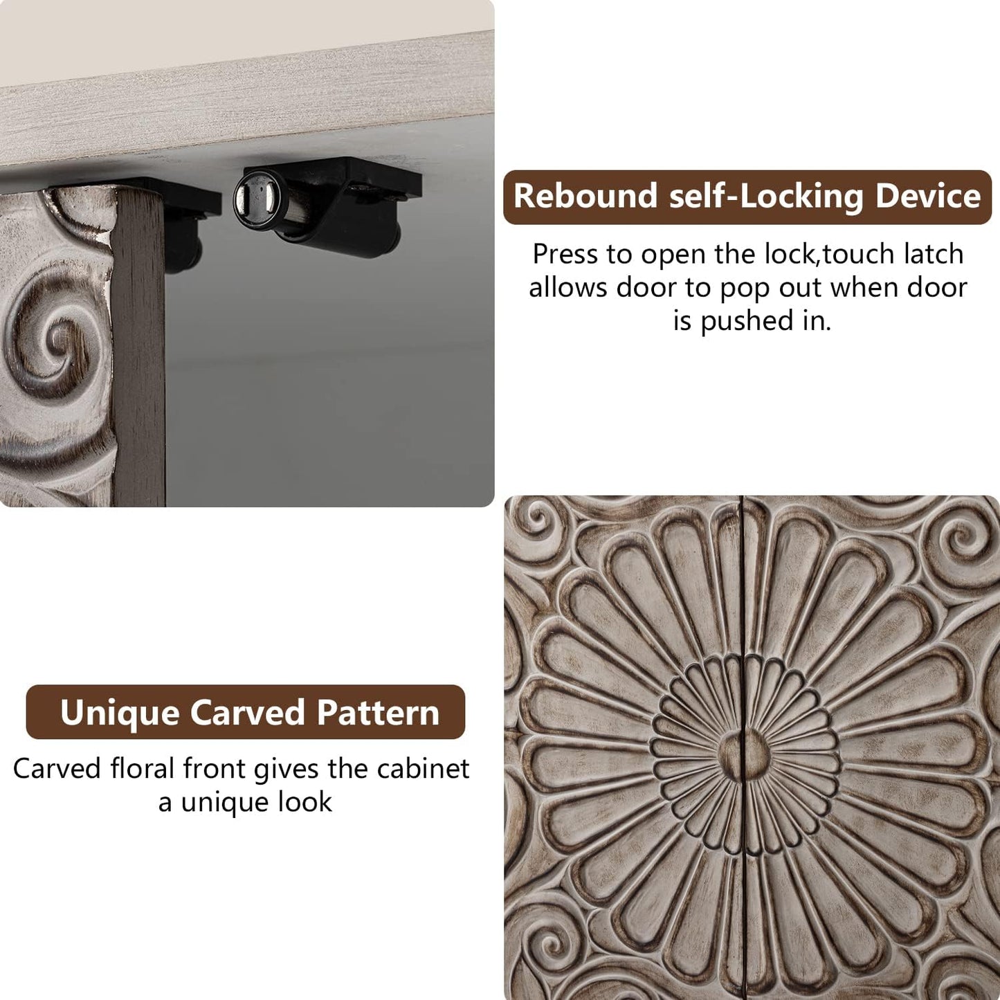 COSIEST Set of 3 32" Buffet Sideboard Cabinets with Storage, Accent Cabinet with Push-to-Open Doors, Vintage Flower Carved Pinewood Doors, Entryway Console for Living Room, Kitchen, Hallway, Gray