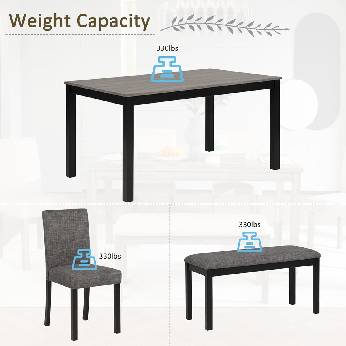 soges 6-Piece Kitchen Dining Table Set with Bench and Chairs, Dining Table Set for 6 with Bench, Wooden Table Set for Kitchen, Dining Room, Grey