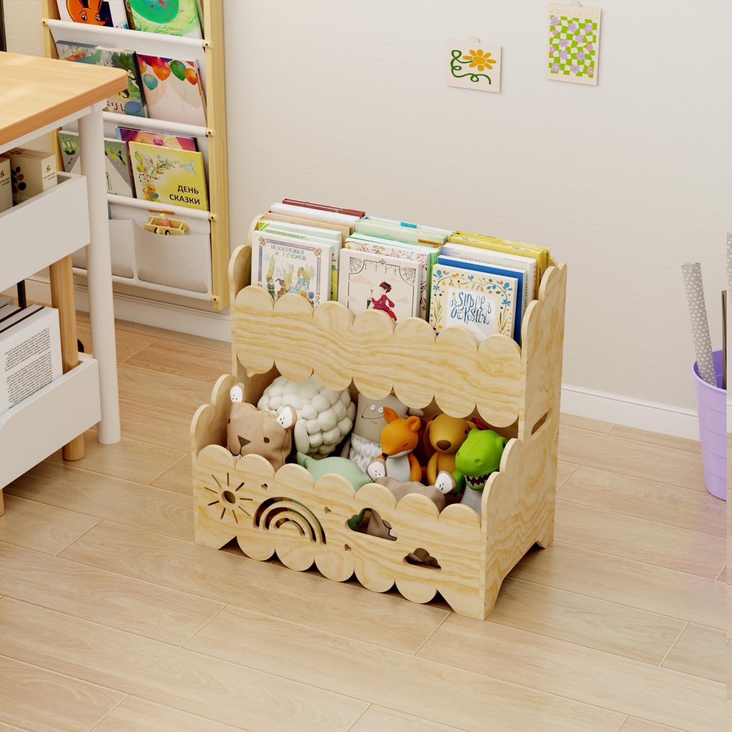 Wood 2-Tier kids bookshelf, Montessori Bookshelf, Suitable Kids Rooms, Nursery & Classroom, kids bookshelf and Toy Storage, Toddler Book Rack, Nursery Book Shelves
