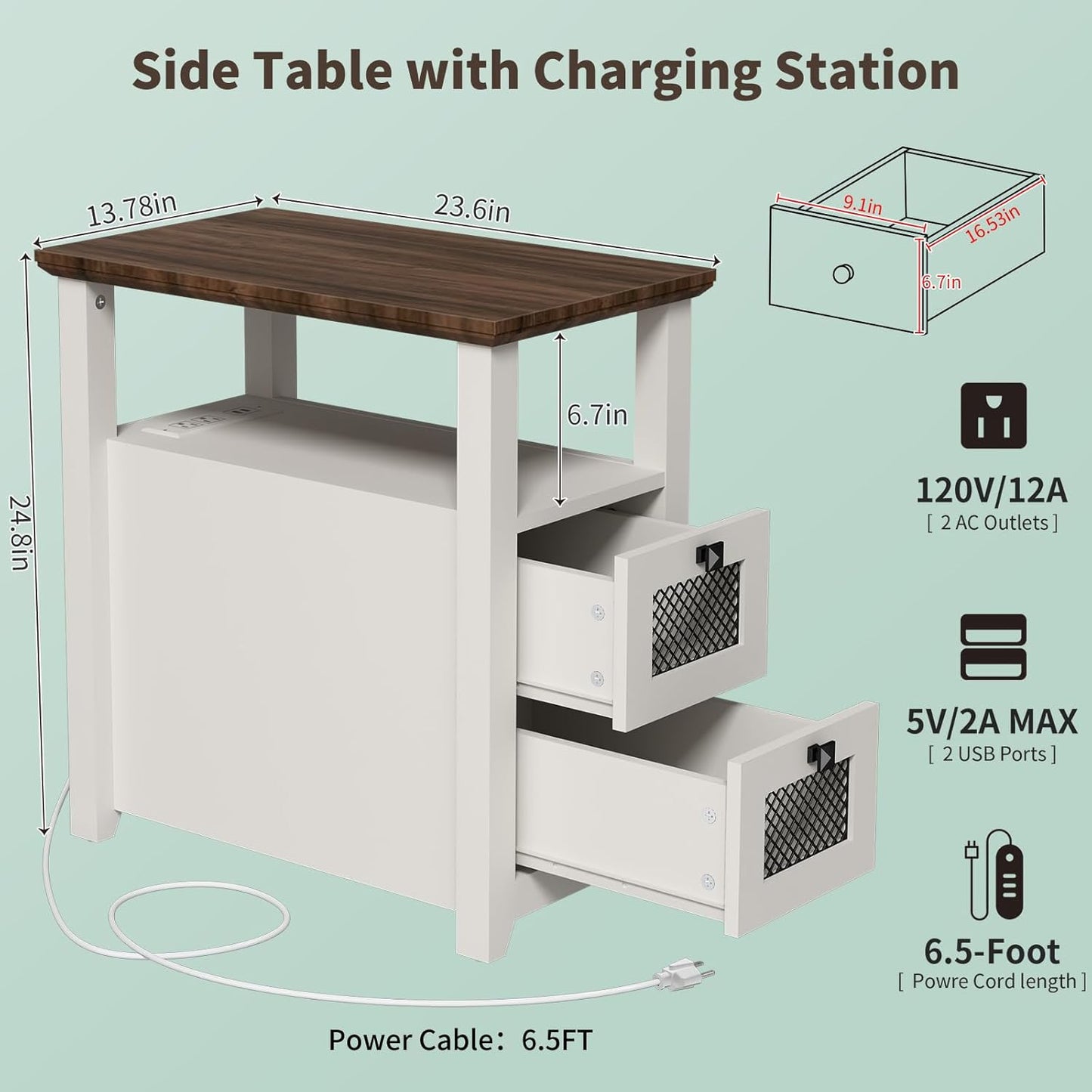 Farmhouse XXL End Table with Charging Station, Narrow Side Table with USB Ports and Outlets, Nightstand with 2 Drawers Storage, Bedside Tables for Living Room, Bedroom, Rustic Walnut White