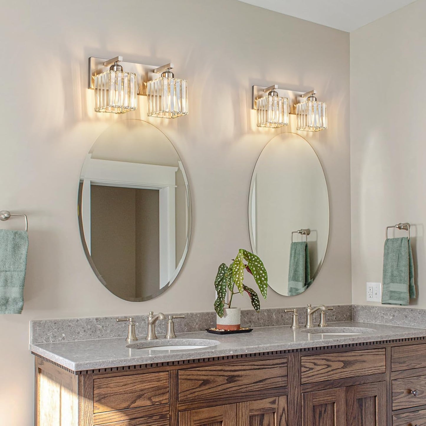 Modern Vanity Light 2-Lights Brushed Nickel Vanity Light Crystal Bathroom Wall Light Bathroom Light Fixtures