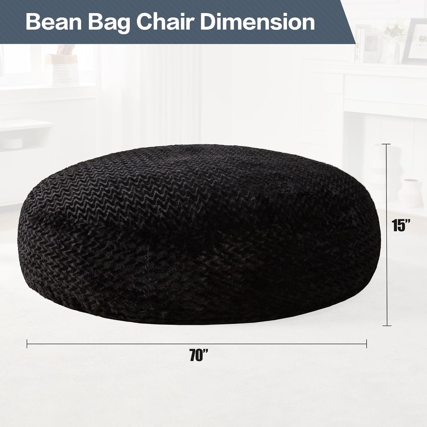 Hobestluk 6ft Bean Bag Chairs for Adults Large Beanbag Chair with Chevron Plush Fur Cover Big Bean Bag Chair for Living Room Bedroom Dorm Office - Black (70" x 70" x 15")