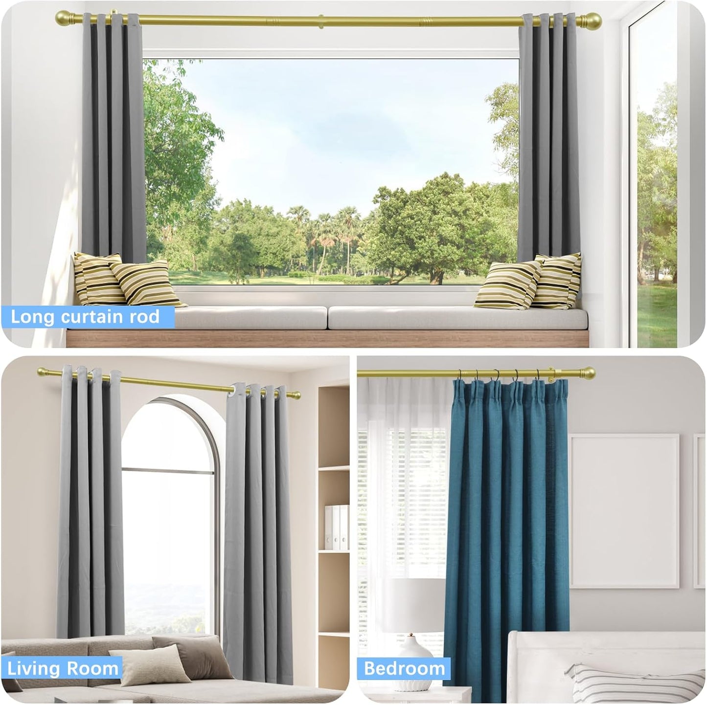 Curtain Rods for Windows 16 to 48 Inches, Curtain Rod Max Adjustable Length of 60 IN, 6/8" Diameter Drapery Rods Round Finials, Warm Gold, Pack of 2