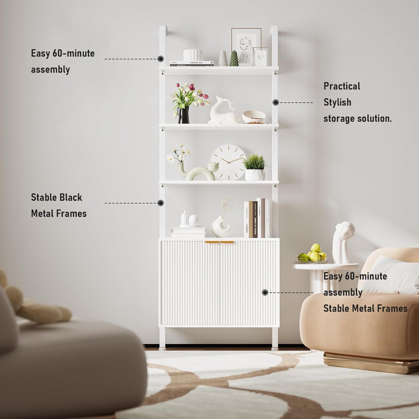 74" Tall Bookshelf with Storage Cabinet, Modern Ladder Shelf with Wood and Metal Frame, Wall Mount Bookcase Open Display Shelf Furniture for Living Room, Bedroom, Home Office, White