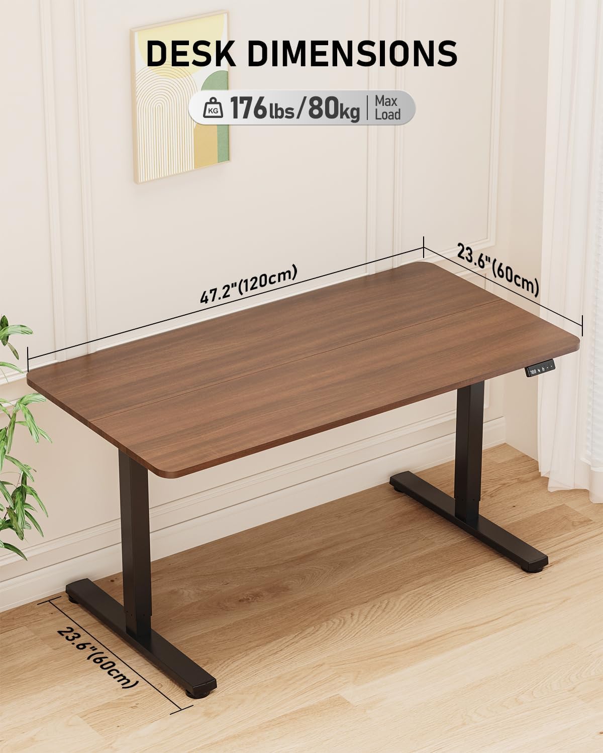 Electric Standing Desk, Large Height Adjustable Stand up Desk, 48 x 24 Inches Sit Stand Home Office Desk, with Splice Board, Black Frame/Walnut Top