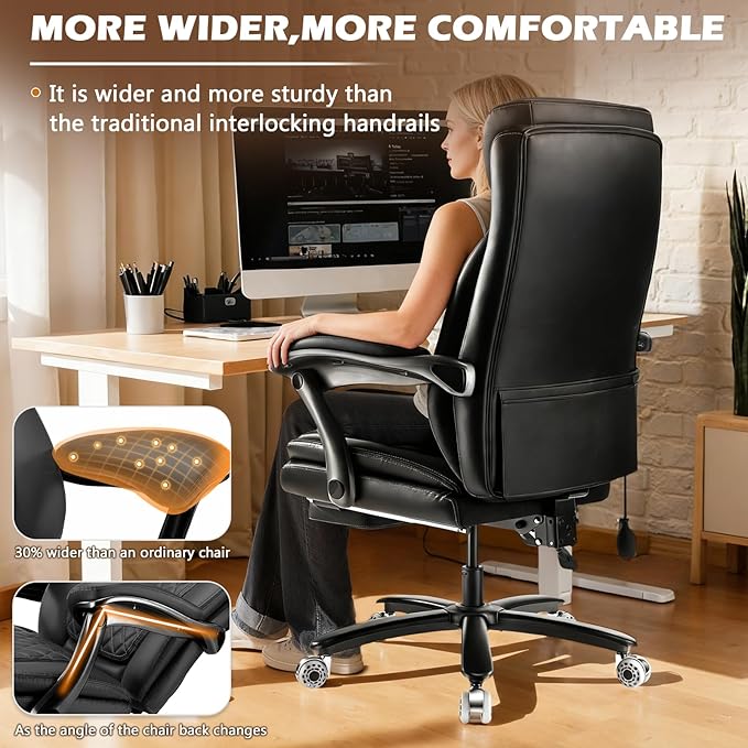 600LBS Large Heavy Duty Office Chair with Foot Rest,Reclining Big and Tall Office Chair with Pocket Spring Cushion, Comfy High Back with Adjustable Lumbar Support,Dual Rubber Wheel