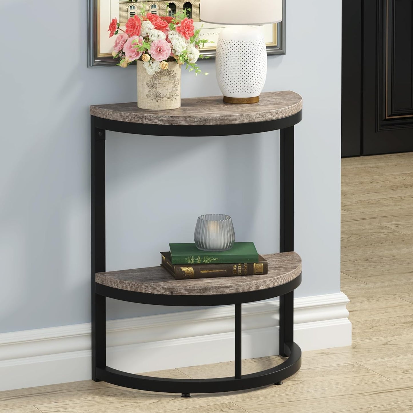 Tribesigns 2-Tier End Table Semi Circle, Small Half Round Side Table with Storage Shelf, Wood Accent Table Slim C Table for Sofa Couch, Living Room, Bedroom, Easy Assembly, Rustic Grey & Black