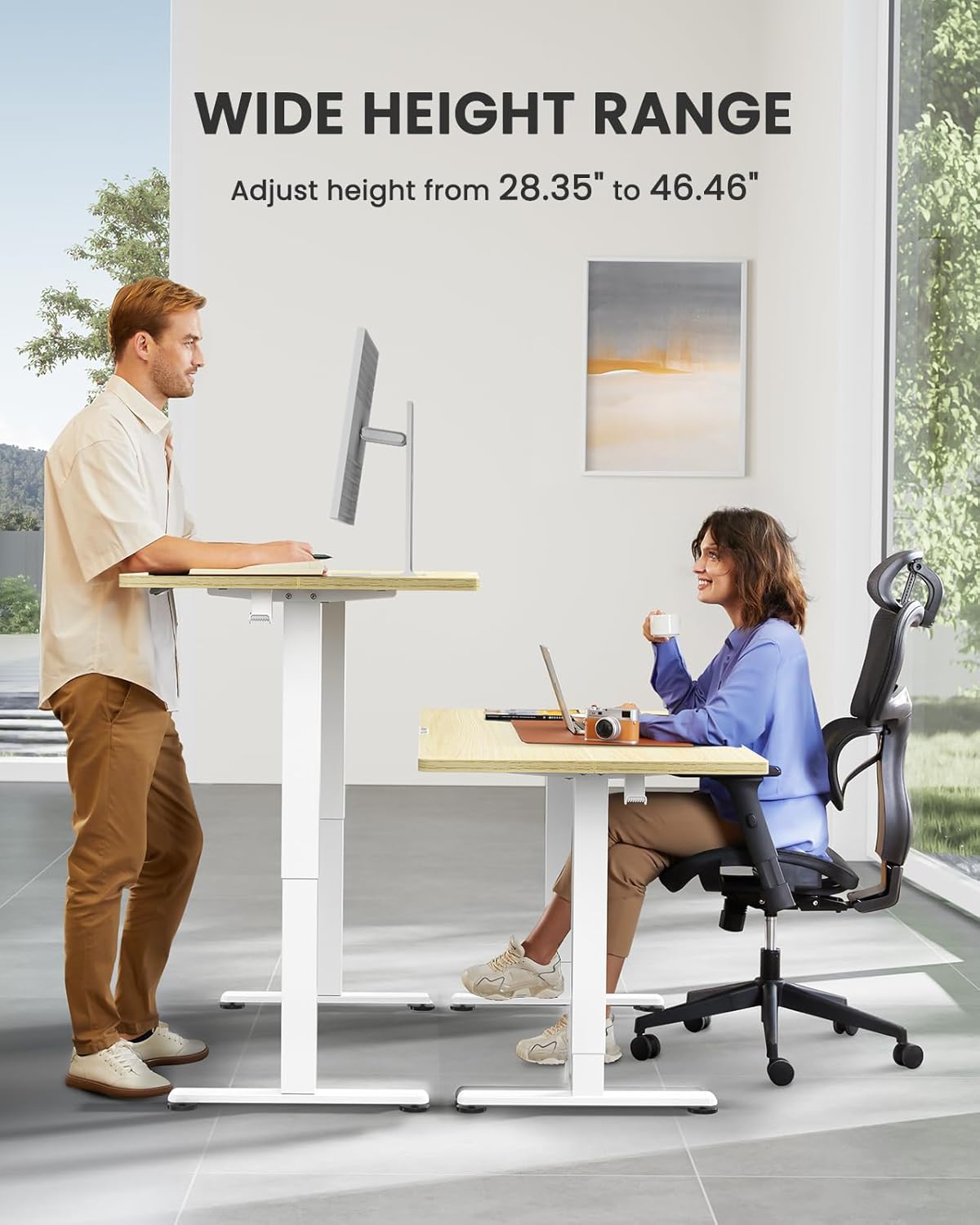 ErGear Height Adjustable Electric Standing Desk, 63 x 28 Inches Sit Stand up Desk, Large Memory Computer Home Office Desk with Two-Piece Desktop (Natural)