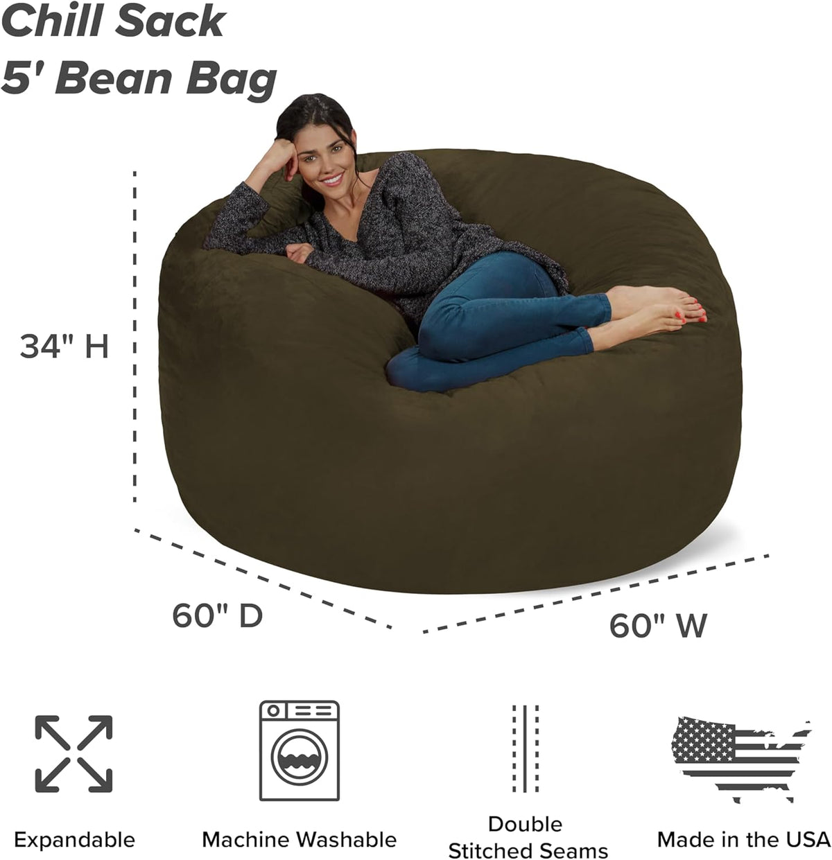 Chill Sack Bean Bag Chair - 5' Giant Memory Foam Lounge Chair with Soft Microfiber Cover – Cozy Furniture for Living Room, Dorm, & Kids' Rooms – Comfortable 5 Ft, Microsuede Lounge Sofa, Olive