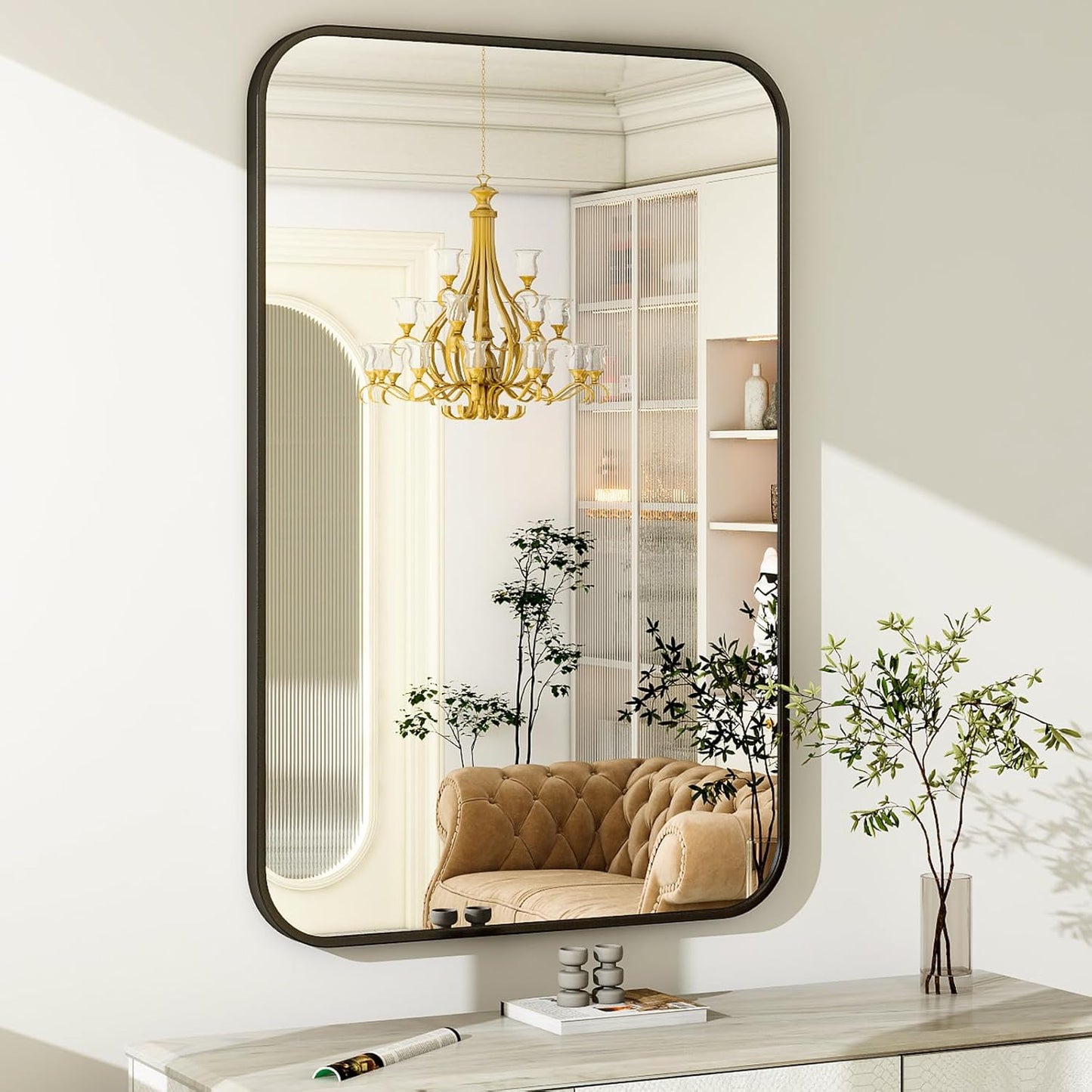 30 x 40 Inch Bathroom Mirror, Rounded Rectangular Vanity Mirror for Wall, Modern Mirror for Room Decor, Black Framed Wall-Mounted Mirrors for Home Decor, Hangs Horizontally or Vertically